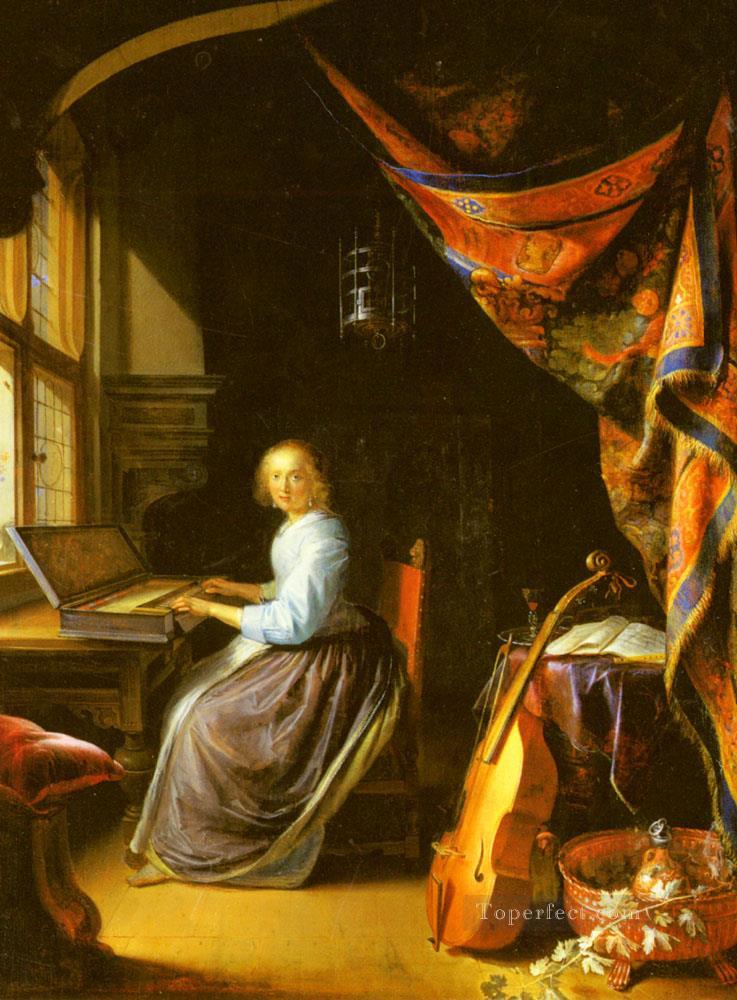 クラヴィコードを演奏する女性の黄金時代 ゲリット・ドゥ油絵